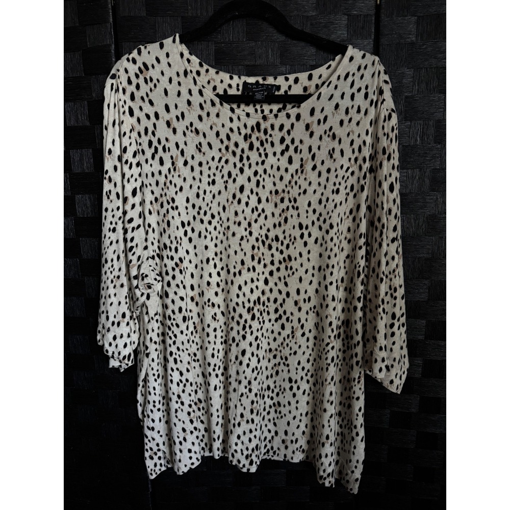 Grace Top Women 2X Cream Black Leopard Print 3/4 Sleeve Scoop Neck Blouse